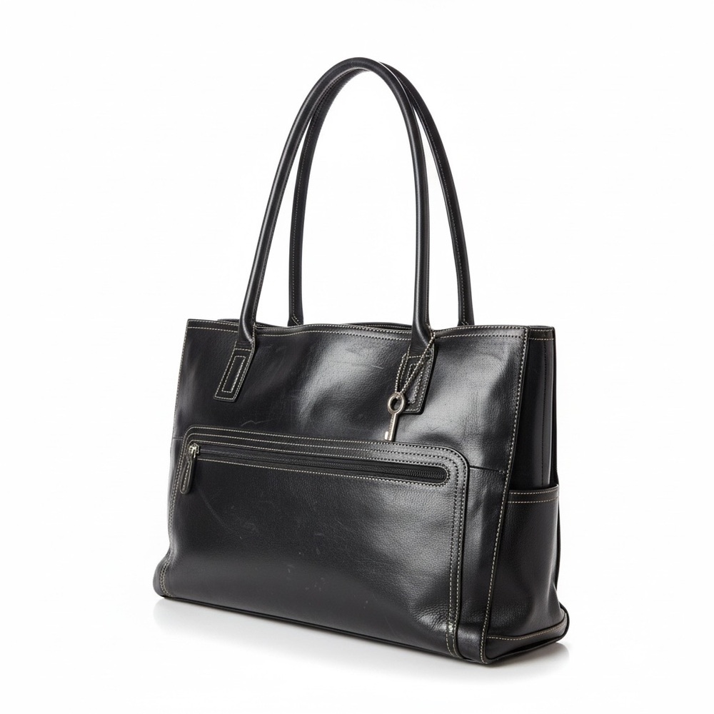 FOSSIL Black Emma Laptop Leather Tote Shoulder Handbag Carryall